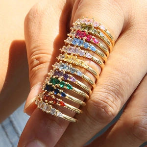 Birthstone Ring 18K Gold Plated Brass Cubic Zirconia Adjustable Open Band Minimalist Jewelry For Women