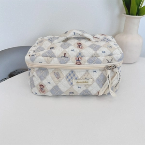 Detail of quilted cosmetic bag featuring cute bear pattern and sturdy handle