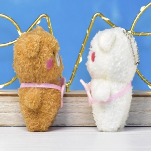 Pair of adorable 12cm plush bear keychains with hearts in brown and white colors