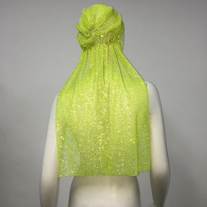 Detail view of neon green mesh headscarf with glittering rhinestones for party wear
