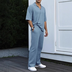 Men Casual Outfit Short Sleeve Shirt And Long Pants Textured Waffle Knit Summer Commuter Fashion Daily Wear Soft