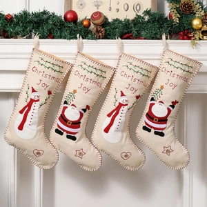 Large Christmas Stocking Hanging Ornament Faux Linen Santa Claus Snowman Applique Embroidery Vintage Holiday Fireplace Decor