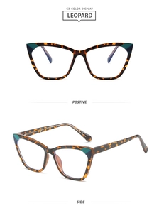 Detail view showing tortoise TR90 cat eye glasses frames from front and side angles