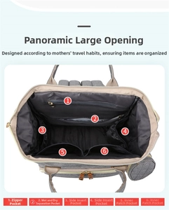 Detail view of large capacity diaper bag showing wide opening and interior compartments