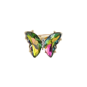 Exquisite gold butterfly brooch with iridescent colorful wings and sparkling rhinestones