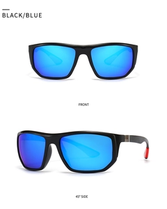 Detail view of sport sunglasses with black frame, blue coated lenses and red temple accents