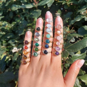 Handmade Wire Wrapped Natural Stone Ring Copper Wire Bohemian Ethnic Style Jewelry For Women Vintage Round Bead Crystal