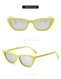 Front and side views of trendy yellow cat-eye sunglasses with silver mirrored lenses