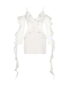 Elegant white off-shoulder V-neck dress with lace patchwork and ruffled lace decorations