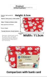 Detail view of red daisy PU leather coin purse with dimensions 11.5x8.5x2cm and key ring