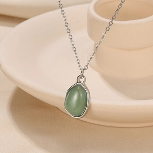 Irregular green aventurine teardrop pendant necklace on 18K gold plated titanium chain
