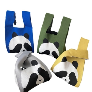 Cute knitted panda handbags in blue, olive green, gray and yellow colors