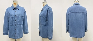 Detailed three-way view of blue denim jacket with large pockets and washed finish