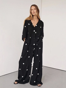 Women casual black polka dot chiffon set with long sleeve shirt and wide leg trousers