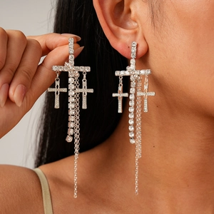 Cross Tassel Drop Earrings With Rhinestones And Silver Earring Post For Women Gothic Sparkly