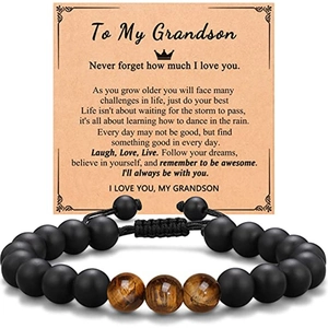 Adjustable men's beaded bracelet with matte black stones and brown tiger eye accents