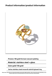 Macro detail of tricolor gemstones set in an 18K gold-plated stainless steel ring