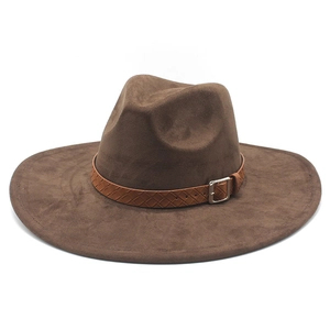 Classic dark brown wide-brim suede jazz fedora hat with braided leather belt and buckle