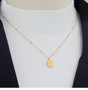 Close-up of golden titanium necklace with a cute paw print engraved on an oval pendant