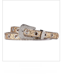 Macro detail of Y2K glitter belt featuring rhinestone buckle and silver metal eyelets