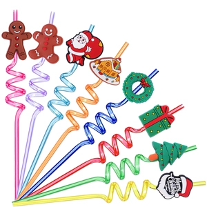 Set of 8 colorful spiral Christmas straws with rubber Santa and gingerbread decorations
