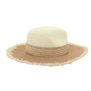 Detail of two-tone woven straw hat with a frayed fringe brim and spiral craft texture