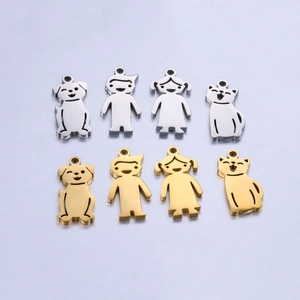 Polished stainless steel boy, girl, cat, and dog charm pendants in gold and silver