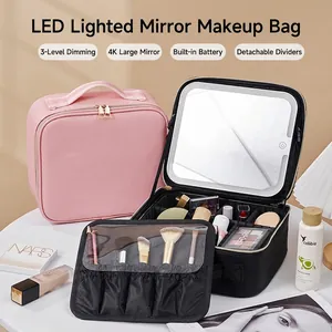 Makeup Case With LED Mirror PU Leather Large Capacity Adjustable Dividers Professional Travel Cosmetic Bag Waterproof