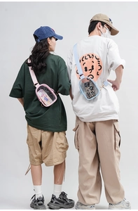Detail showing pink and blue PVC crossbody bags with adjustable straps on models