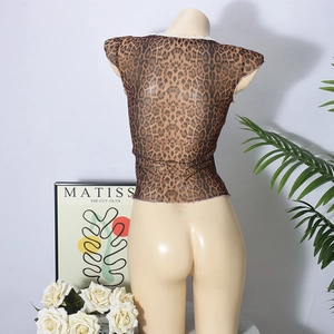 Detail view of the back of a sheer mesh leopard print top with a V-neck and short sleeves
