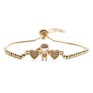 Adjustable gold beaded heart and boy pendant bracelet with sparkling zircon inlays