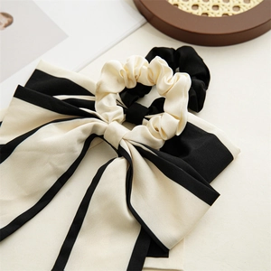 French style hair scrunchies set with beige bow and black pleated elastic ribbon