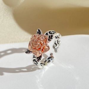 Vintage Rose Flower Hollow Open Ring Bicolor Copper Adjustable Band Retro Style Fashion Jewelry Gift For Women