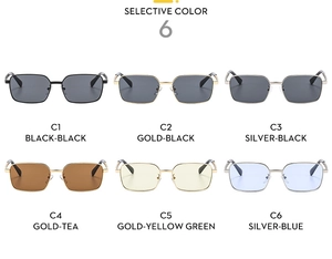 Matrix display showing six different color variants of square metal frame sunglasses