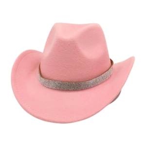 Pink wool felt cowboy hat detail with sparkling rhinestone band and wide brim