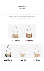 Detailed comparison of five colors for the woven straw and leather crescent shoulder bag