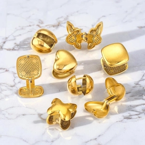 Polished gold titanium steel stud earrings with heart, ball, and butterfly geometric designs