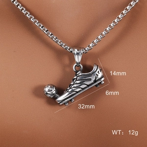 Silver stainless steel football shoe pendant necklace with dimension and weight details
