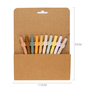 Detail of 10-piece silicone straws with cute bear heads, cleaning brush, and paper bag