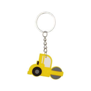 Yellow cartoon steam roller PVC keychain with silver metal chain on white background