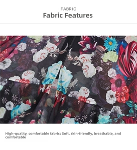 Detail of floral chiffon fabric with vibrant rose print, soft and breathable texture