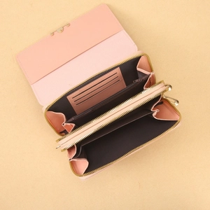Pink leather multifunctional phone wallet with multiple card slots and gold zipper detail