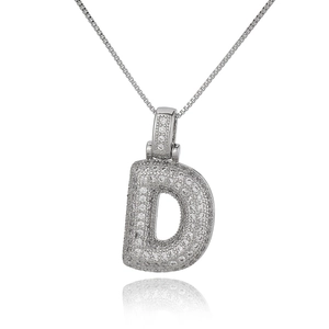 Detailed view of silver letter D pendant with micro-pave cubic zirconia on a box chain