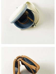 Close-up of foldable children's sunglasses with compact storage case and hinge detail