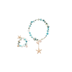 Ocean style necklace and bracelet set with turquoise stones and golden starfish charms