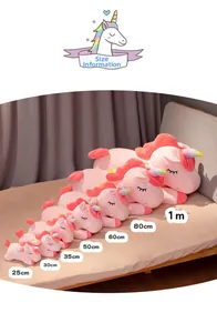 Detailed size comparison of pink plush unicorn toys ranging from 25cm to 1 meter