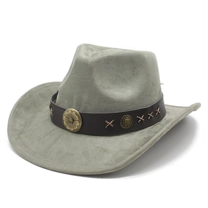 Detail of wide brim fedora with brown leather band and brass floral studs decoration