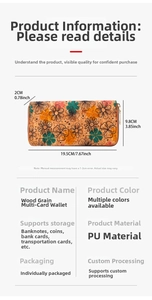Detailed specs of the wood grain textured wallet with multiple card slots and dimensions
