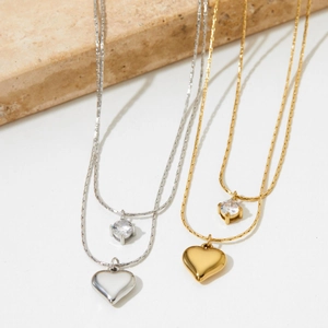 Double-layer stainless steel heart pendant necklace with zircon in gold and silver finish