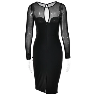 Detail view of the black dress featuring sheer mesh sleeves and back zipper closure